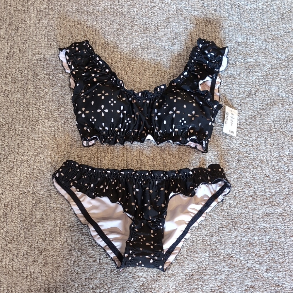 New Aeropostale Black Floral Ruffle Bikini Set